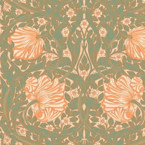 Pimpernel - LARGE 21"  - historic reconstructed damask wallpaper by William Morris - peach fuzz toned and green antiqued restored reconstruction art nouveau art deco with linen effect
