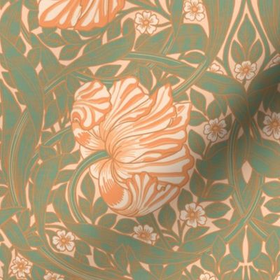 Pimpernel - MEDIUM 14"  - historic reconstructed damask wallpaper by William Morris - peach fuzz toned and green antiqued restored reconstruction art nouveau art deco with linen effect