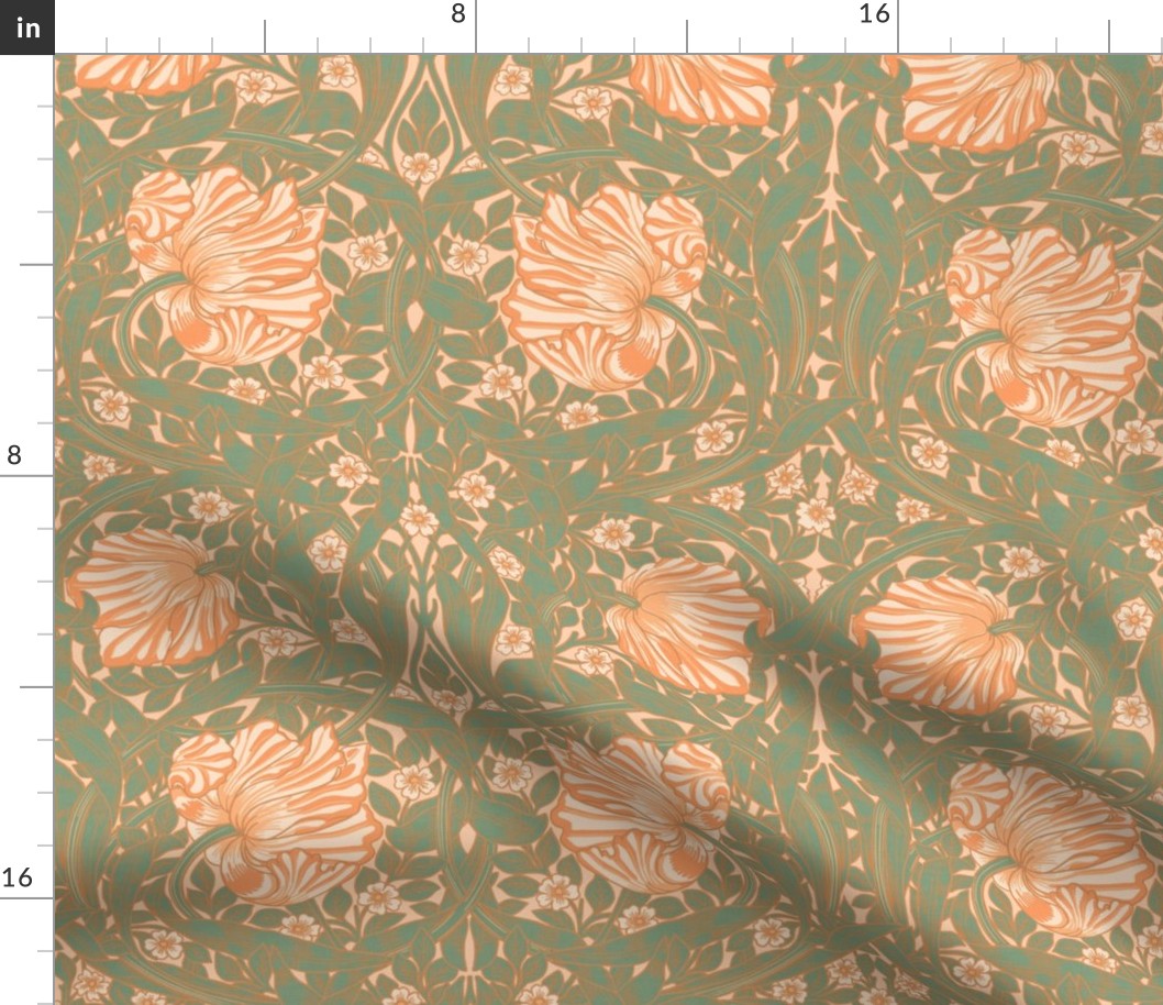 Pimpernel - MEDIUM 14"  - historic reconstructed damask wallpaper by William Morris - peach fuzz toned and green antiqued restored reconstruction art nouveau art deco with linen effect