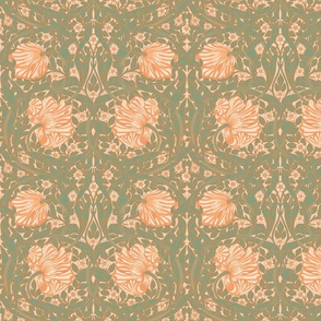 Pimpernel - SMALL 10"  - historic reconstructed damask wallpaper by William Morris - peach fuzz toned and green antiqued restored reconstruction art nouveau art deco with linen effect