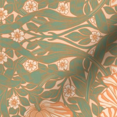 Pimpernel - MEDIUM 14" turned left  - historic reconstructed damask wallpaper by William Morris - peach fuzz toned and green antiqued restored reconstruction art nouveau art deco with linen effect