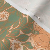 Pimpernel - MEDIUM 14" turned left  - historic reconstructed damask wallpaper by William Morris - peach fuzz toned and green antiqued restored reconstruction art nouveau art deco with linen effect