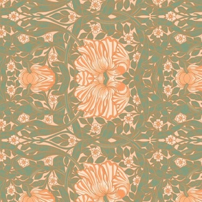 Pimpernel - MEDIUM 14" turned left  - historic reconstructed damask wallpaper by William Morris - peach fuzz toned and green antiqued restored reconstruction art nouveau art deco with linen effect