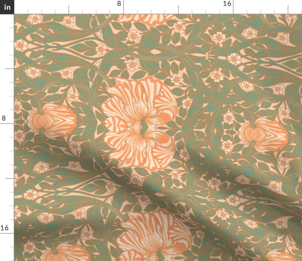 Pimpernel - MEDIUM 14" turned left  - historic reconstructed damask wallpaper by William Morris - peach fuzz toned and green antiqued restored reconstruction art nouveau art deco with linen effect