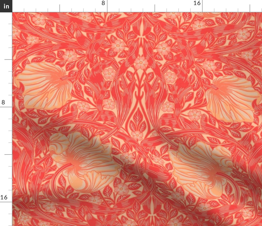 Pimpernel - LARGE 21"  - historic reconstructed damask wallpaper by William Morris - strong colorful peach fuzz toned antiqued restored reconstruction art nouveau art deco - linen effect