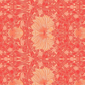 Pimpernel - MEDIUM 14" turned left  - historic reconstructed damask wallpaper by William Morris - strong colorful peach fuzz toned antiqued restored reconstruction art nouveau art deco - linen effect