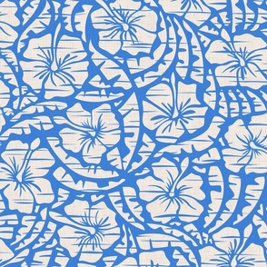 Hawaiian Block Print - Exotic Flowers on Azure Blue / Large