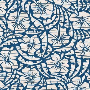 Hawaiian Block Print - Exotic Flowers on Ocean Blue / Large