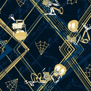 Navy and Gold Literary Skeletons -- Navy Blue and Yellow Gold Dark Academia - Preppy Dark Academia - Goth Skeletons with Library Books -- Dark Academia Coordinate -- 46.12in x 46.12in repeat -- 150dpi (Full Scale)