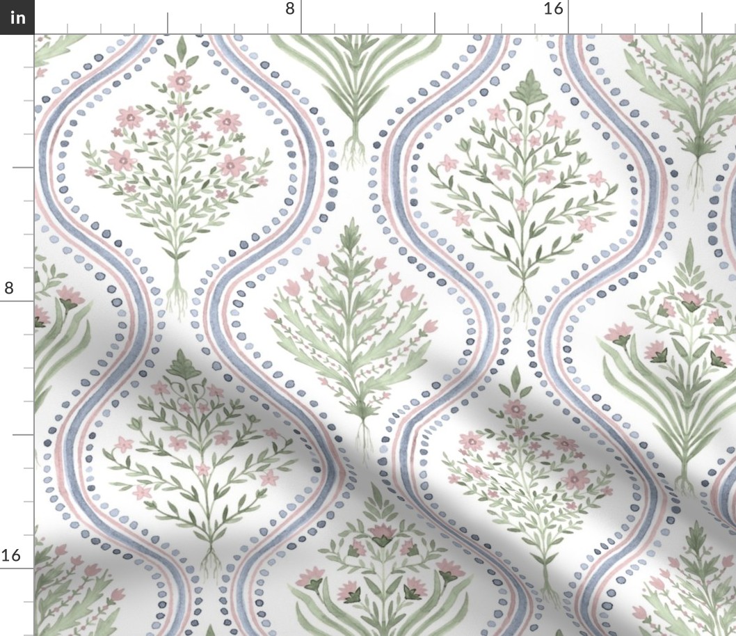 Custom Larger Scale Becca Version 3 Monticello Blue_ Green and Rose on White