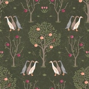 Small Homestead Orchard with Runner Ducks on Olive Green