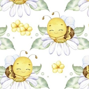 Watercolor Yellow Bumble Bee Daisy Floral 