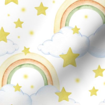 Watercolor Rainbow Stars Clouds Nursery 