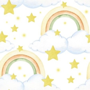 Watercolor Rainbow Stars Clouds Nursery 
