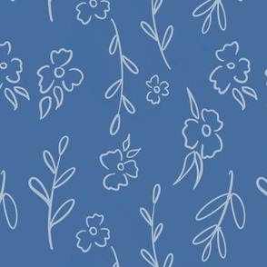 Flowers and leaves line art on blue , small scale floral