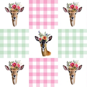 Fawns  with painted flowers pink and green buffalo check