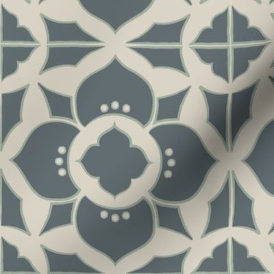 Flower Tile-Steel Blue On Cream-L