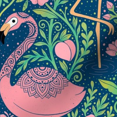 Whimsical flamingo garden pink and green water color style dark blue background - home decor - bedding - wallpaper - curtains .