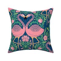 Whimsical flamingo garden pink and green water color style dark blue background - home decor - bedding - wallpaper - curtains .