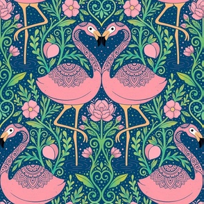 Whimsical flamingo garden pink and green water color style dark blue background - home decor - bedding - wallpaper - curtains .