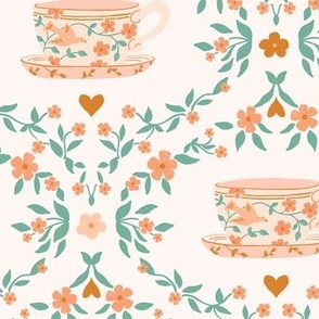 Victorian Tea Set, cups flowers vines, peach cream green