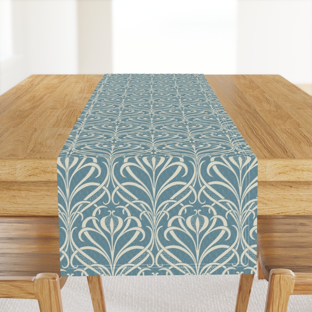 Art Nouveau Seagrass Floral in Eggshell on Textured Ocean Blue - Large Scale