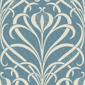 Art Nouveau Seagrass Floral in Eggshell on Textured Ocean Blue - Large Scale