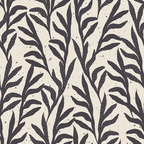 LARGE CLASSIC  BOTANICAL TEXTURED AUTUMNAL CLIMBING LEAVES IN CHARCOAL BLACK AND LINEN CREAM