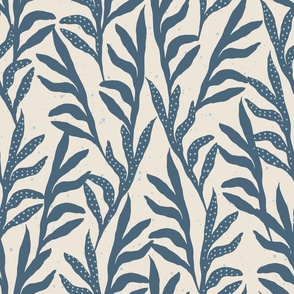 LARGE CLASSIC  BOTANICAL TEXTURED AUTUMNAL CLIMBING LEAVES IN DENIM BLUE AND LINEN CREAM