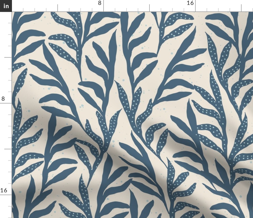 LARGE CLASSIC  BOTANICAL TEXTURED AUTUMNAL CLIMBING LEAVES IN DENIM BLUE AND LINEN CREAM