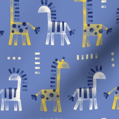 [M] Stamped Giraffes Zebras - Blue: Contemporary cute minimal childhood-inspired animal print for kids, boys, baby, nursery