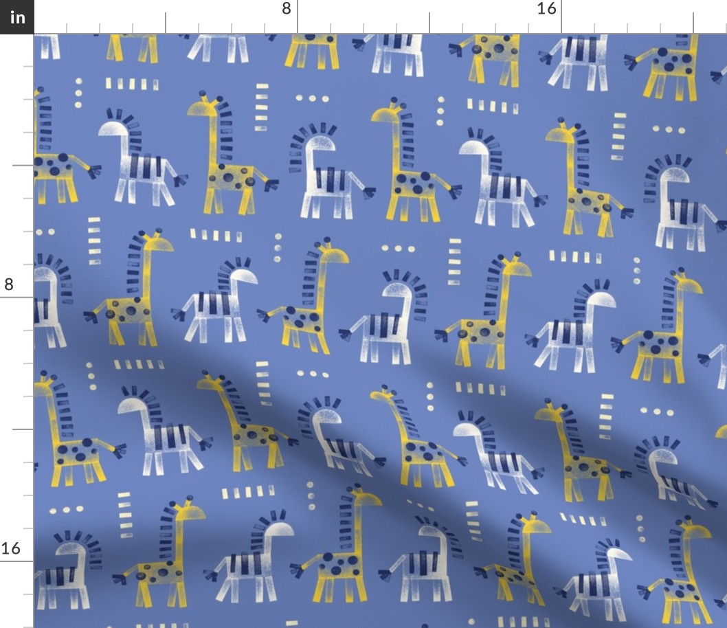 [M] Stamped Giraffes Zebras - Blue: Contemporary cute minimal childhood-inspired animal print for kids, boys, baby, nursery