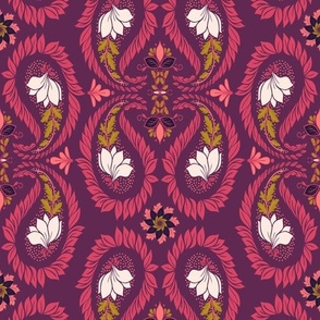 Medium Scale - Vintage Damask Paisley with Florals - Pink and Purple