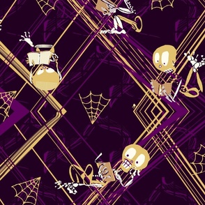 Purple and Gold Literary Skeletons -- Purple and Yellow Gold Dark Academia - Preppy Dark Academia - Goth Skeletons with Library Books -- Dark Academia Coordinate -- 46.12in x 46.12in repeat -- 150dpi (Full Scale)
