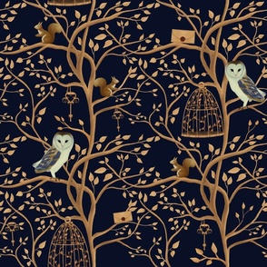 Owl night in the forest. Gold and dark blue tones