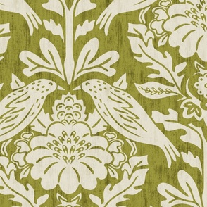 Isabella Birds - Extra Large - Forest  Moss - Texture, Damask - Ballet White (Ben Moore)