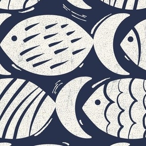 Follow The Current - Block Print Nautical Fish Navy Blue Ivory Large