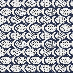 Follow The Current - Block Print Nautical Fish Navy Blue Ivory Small