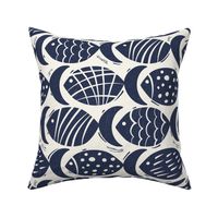 Follow The Current - Block Print Nautical Fish Ivory Navy Blue Large