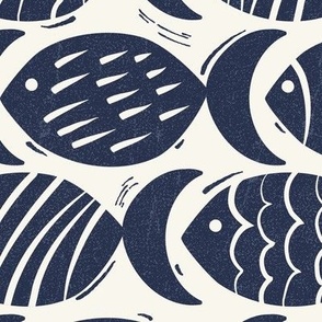 Follow The Current - Block Print Nautical Fish Ivory Navy Blue Large