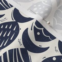 Follow The Current - Block Print Nautical Fish Ivory Navy Blue Regular