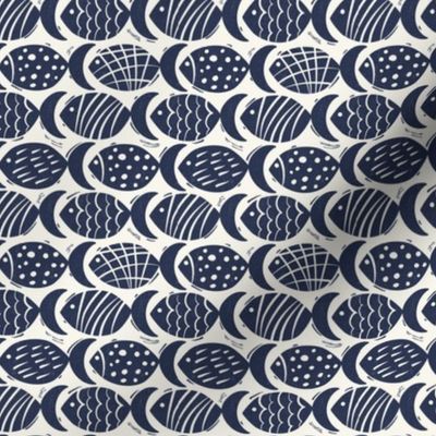 Follow The Current - Block Print Nautical Fish Ivory Navy Blue Small
