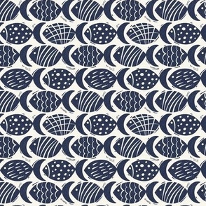 Follow The Current - Block Print Nautical Fish Ivory Navy Blue Small