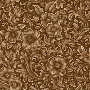 Floral Western carved and  tooled look faux leather Saddle Brown