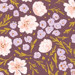 [Large] Meadow buttercups, wildflowers ditsy floral, Liberty London style, tossed flowers, dense floral, deep plum, pink and purple, spring time, autumn