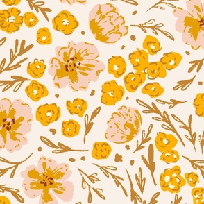 [Large] Meadow buttercups, wildflowers ditsy floral, Liberty London style, tossed flowers, dense floral, spring time, cream and pink, yellow, gold