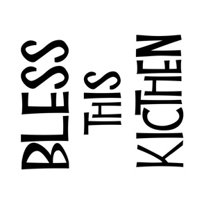 Novelty artistic hand drawn kitchen charcoal black lettering on white ecru tea towel with whimsical quote "Bless this kitchen"