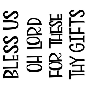 Novelty artistic hand drawn charcoal black white ecru kitchen tea towel with catholic prayer "Bless us Oh LORD"