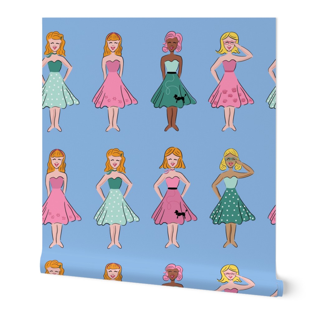 50's girls in poodle skirts (jumbo scale on blue) - vintage style print featuring poodle skirt wearing girls
