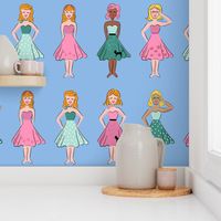 50's girls in poodle skirts (jumbo scale on blue) - vintage style print featuring poodle skirt wearing girls